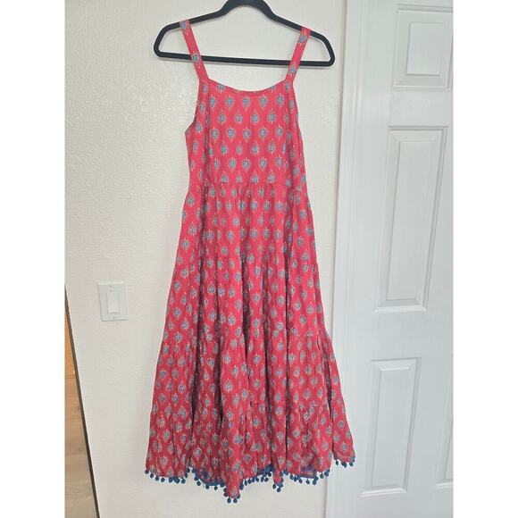 NWT Maroon Buti Printed Cotton Long Dress Pompom Lace Shoulder Straps  XL - Picture 3 of 8